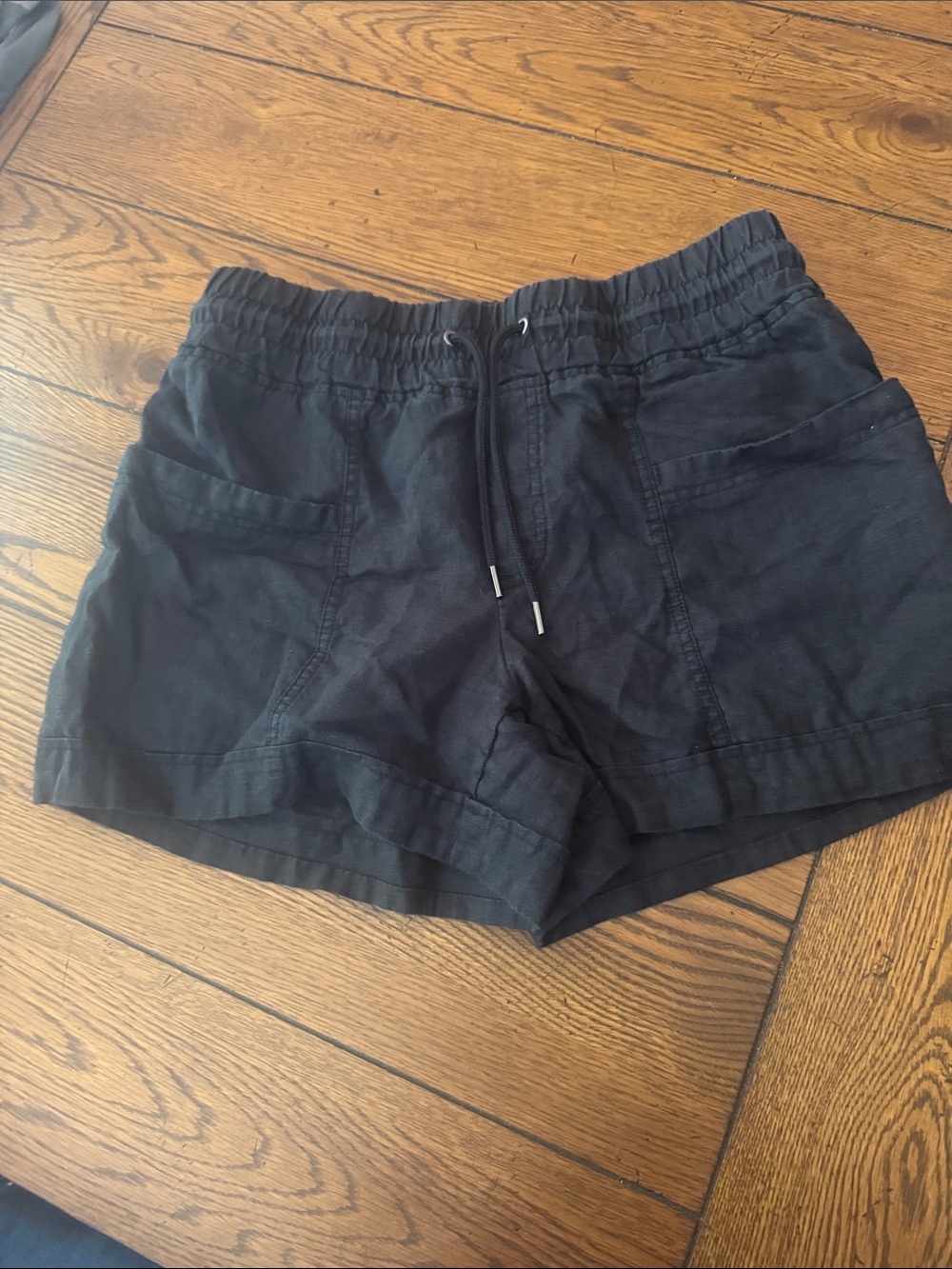Athleta Black Elastic-Waist Athletic Linen Shorts with Front and back Pockets